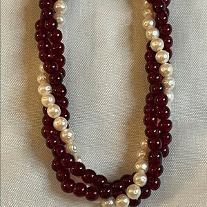 Elegant Pearl and Red Bead Necklace 18 inches